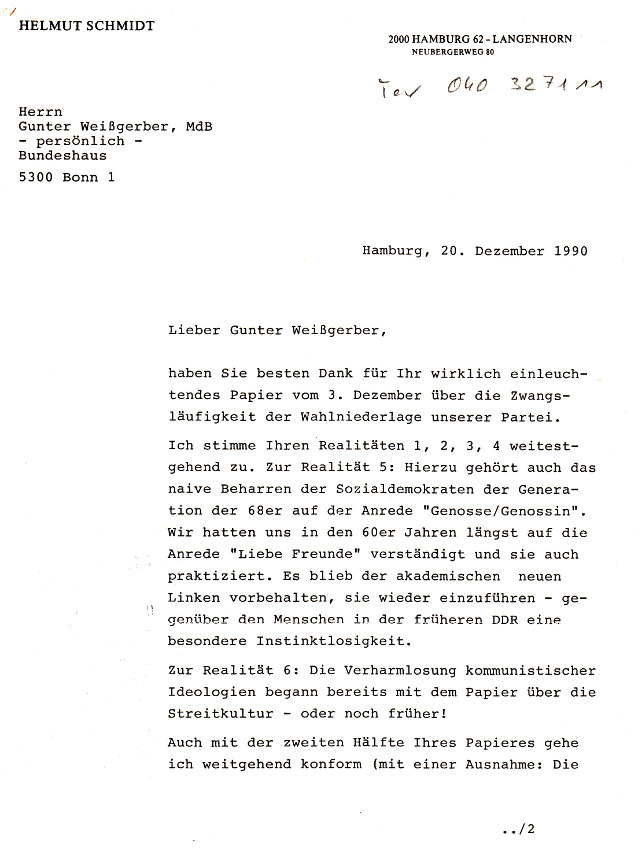 Helmut Schmidt an Weißgerber